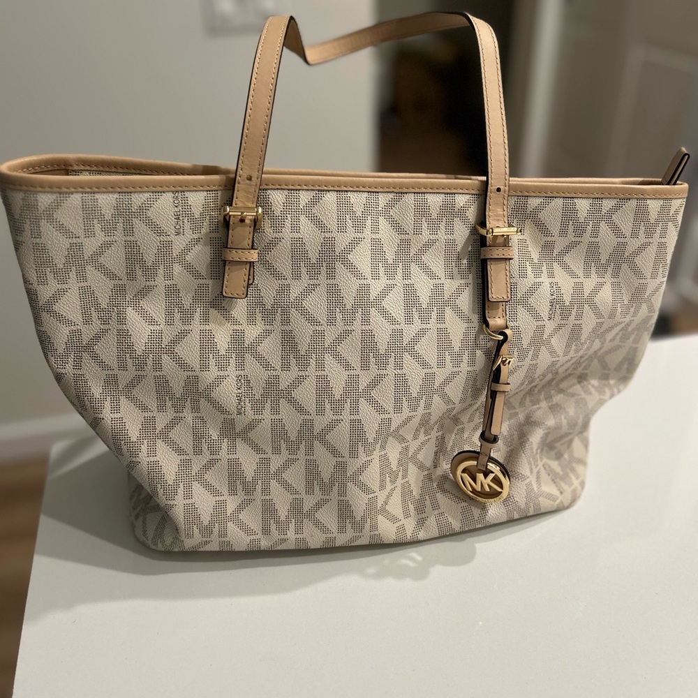 Michael Kors Cream and Gold Tote Bag with Iconic MK Monogram